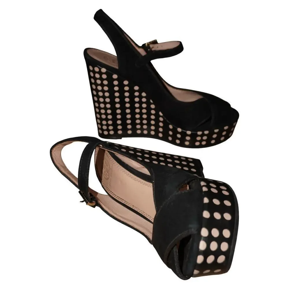 Tory Burch Ollie Black Suede Polka Dot Wedge Sandals Women’s 6.5M Made in Brazil